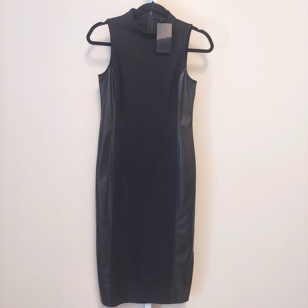 NEW The Limited‎ Black Dress Faux Leather Trim Mock Neck Sheath S Minimal LBD